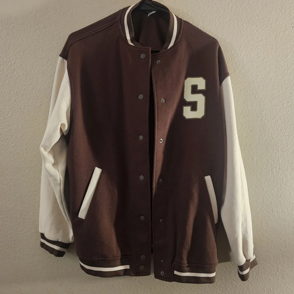 Divided Brown and Cream Varsity Jacket Classic Collegiate Style - Picture 2 of 13